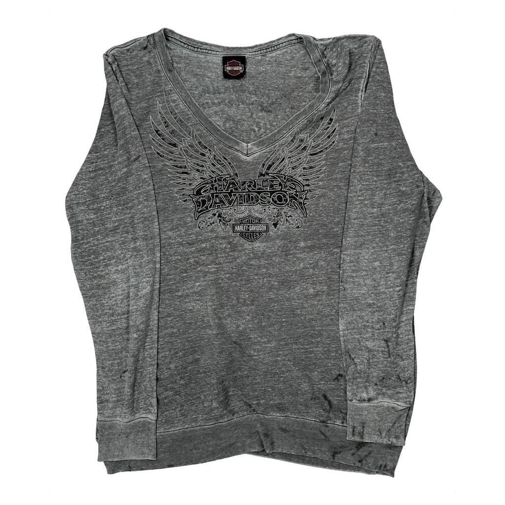 T-shirt manches longues col en V femme, coupe droite, coton gris décontracté XL