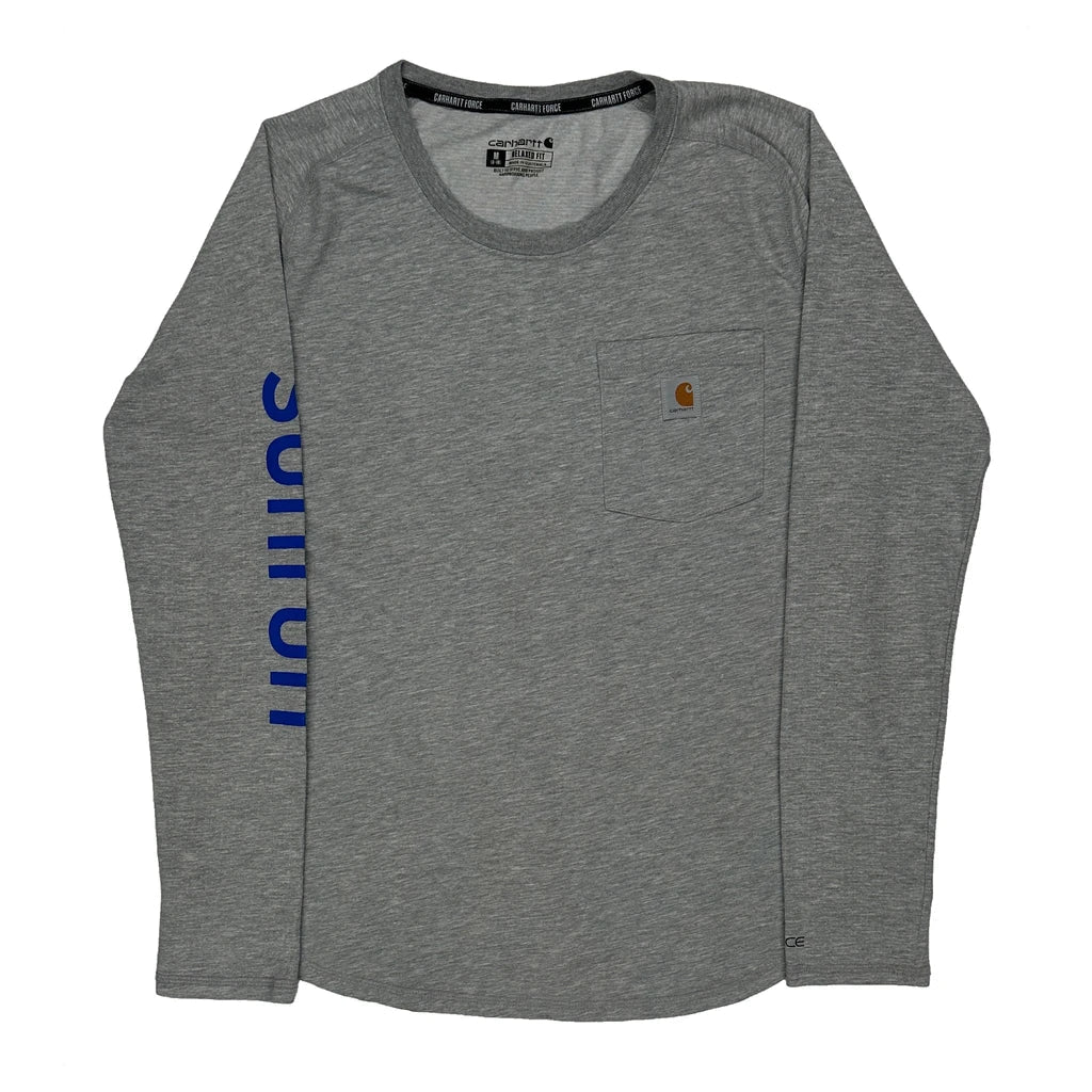 T-shirt en coton gris à manches longues et col rond coupe droite pour femme