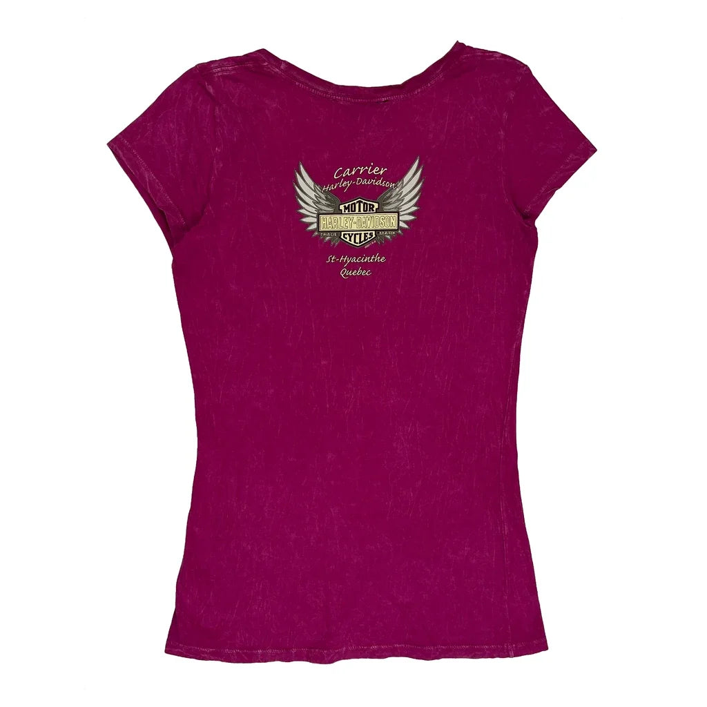 T-shirt graphique Harley Davidson Crâne avec Ailes et Roses - Coton rose moyen