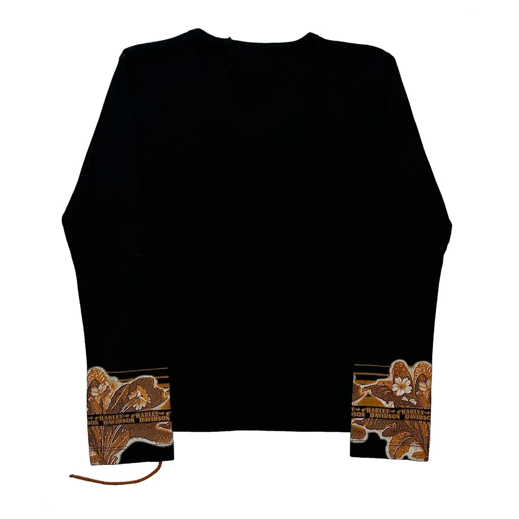 T-shirt manches longues à motif moto pour femme, coton floral noir, taille S