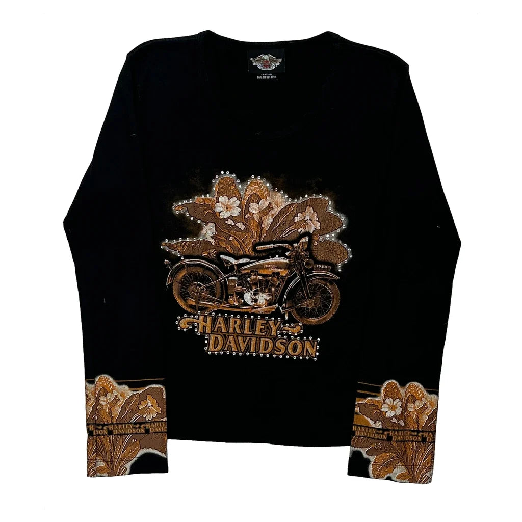 T-shirt manches longues à motif moto pour femme, coton floral noir, taille S