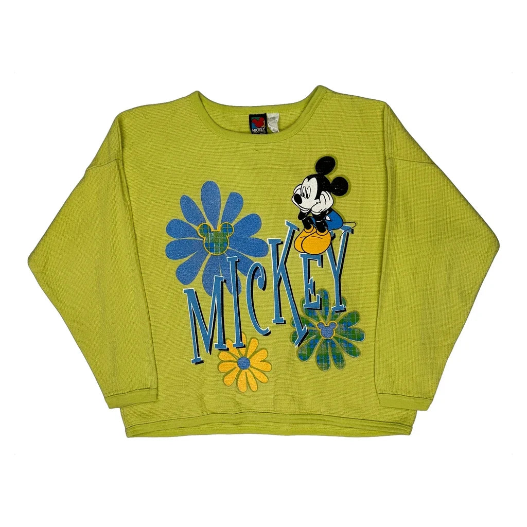 T-shirt à manches longues motif Mickey Mouse floral, taille L, coton jaune