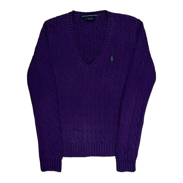 Haut violet à manches longues en tricot torsadé et col en V en coton de taille M