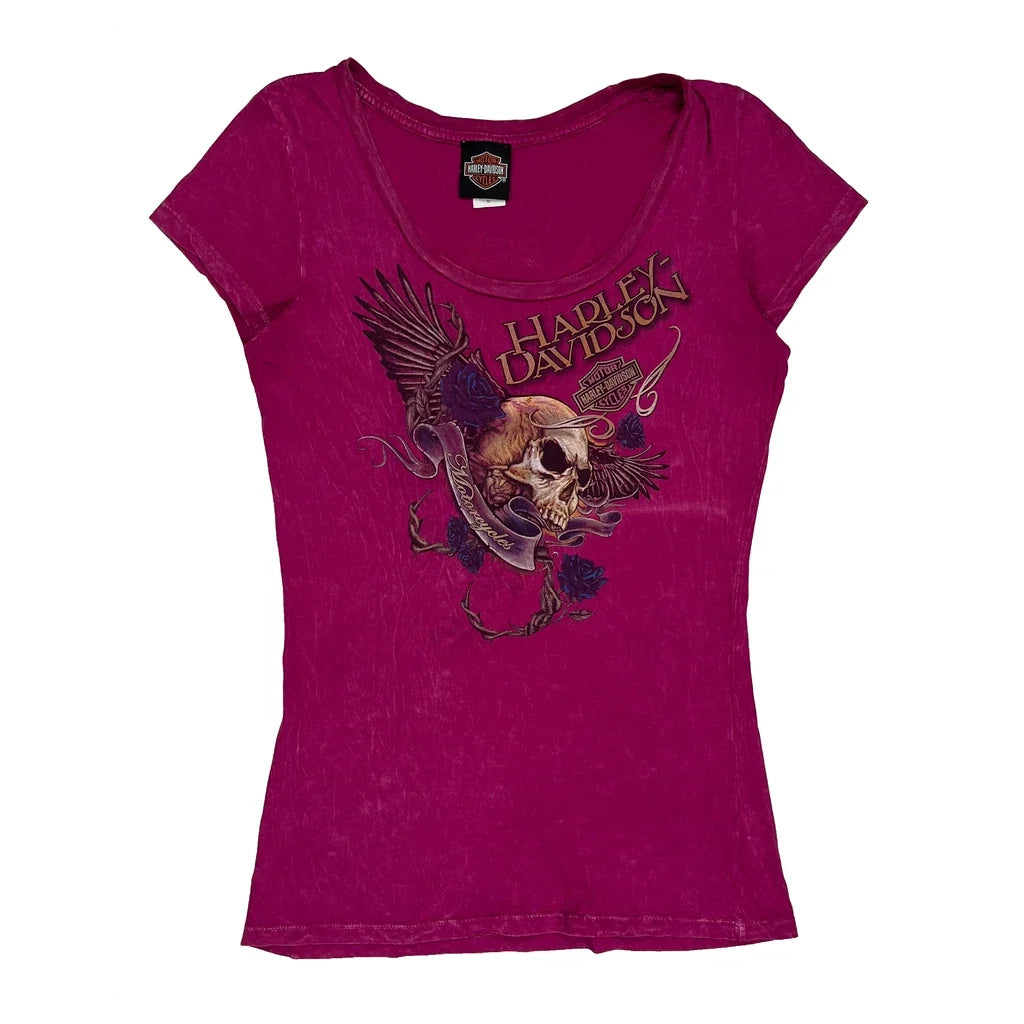 T-shirt graphique Harley Davidson Crâne avec Ailes et Roses - Coton rose moyen