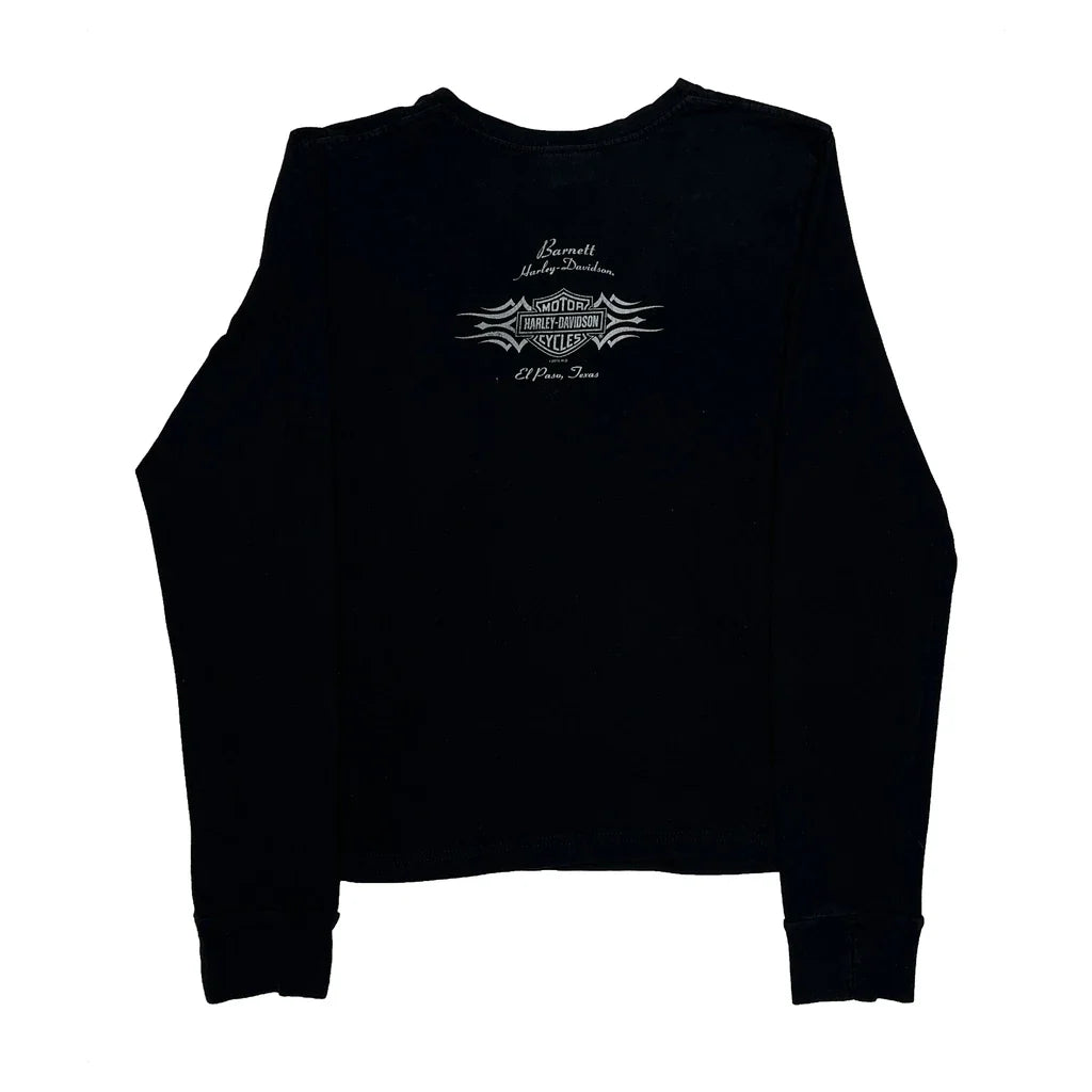 T-shirt col V à manches longues et motif noir en coton coupe droite pour femme