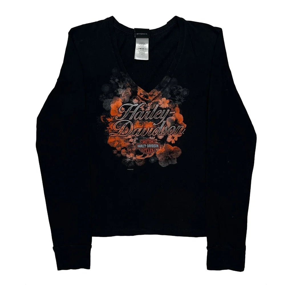 T-shirt col V à manches longues et motif noir en coton coupe droite pour femme