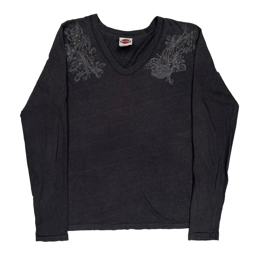 T-shirt manches longues graphique XL Noir Coton Col V Coupe classique Femme