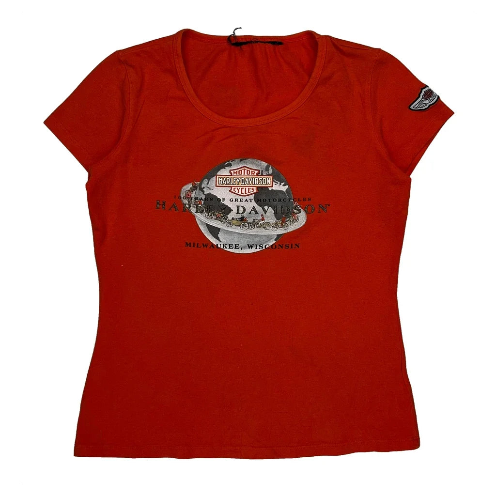 T-shirt Vintage Femme Manches Courtes Col Rond Coton Rouge Décontracté