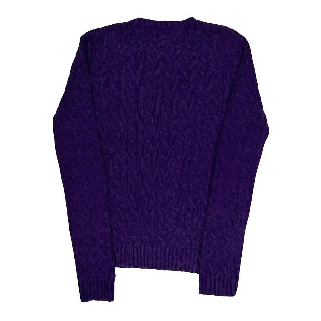 Haut violet à manches longues en tricot torsadé et col en V en coton de taille M