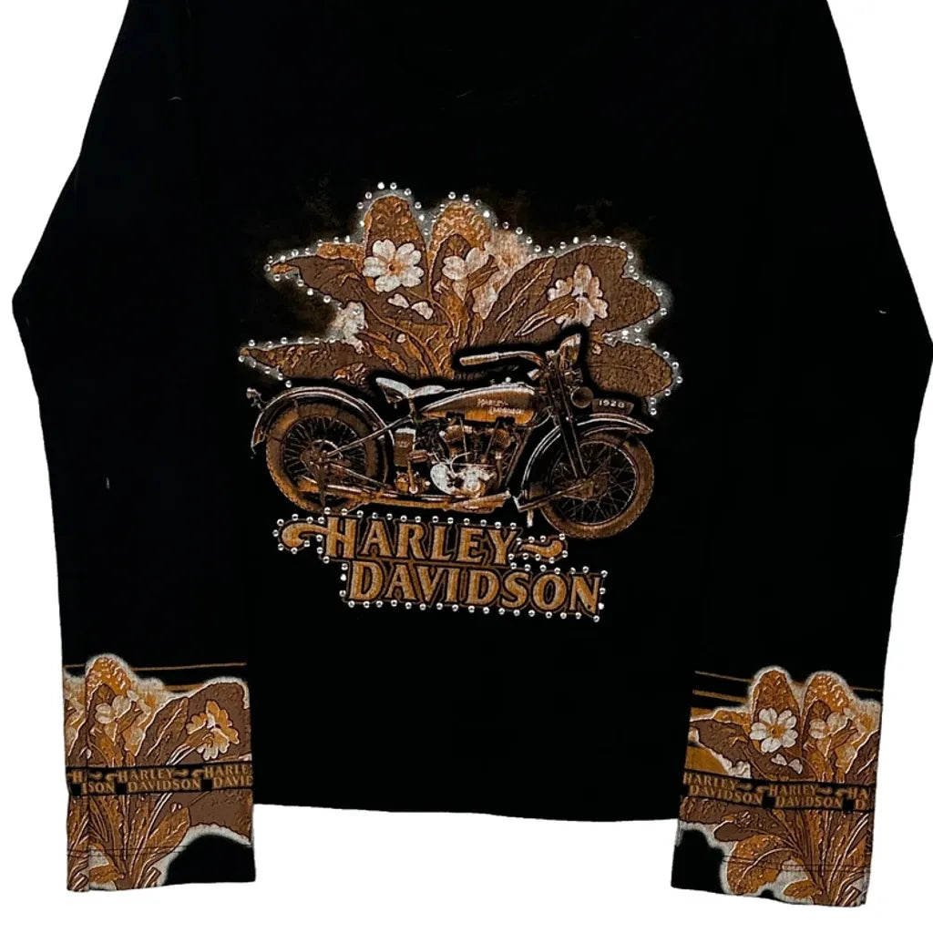 T-shirt manches longues à motif moto pour femme, coton floral noir, taille S