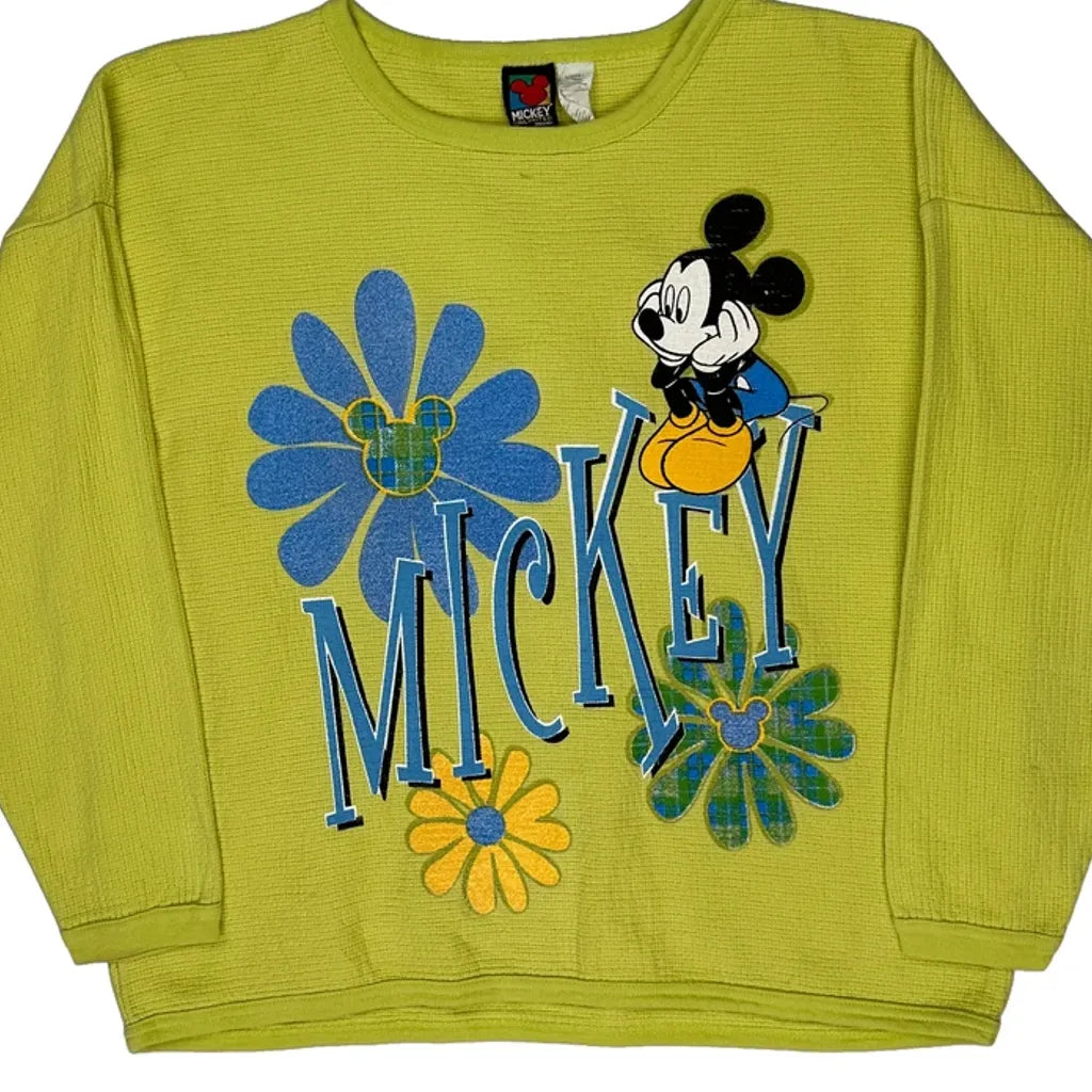 T-shirt à manches longues motif Mickey Mouse floral, taille L, coton jaune