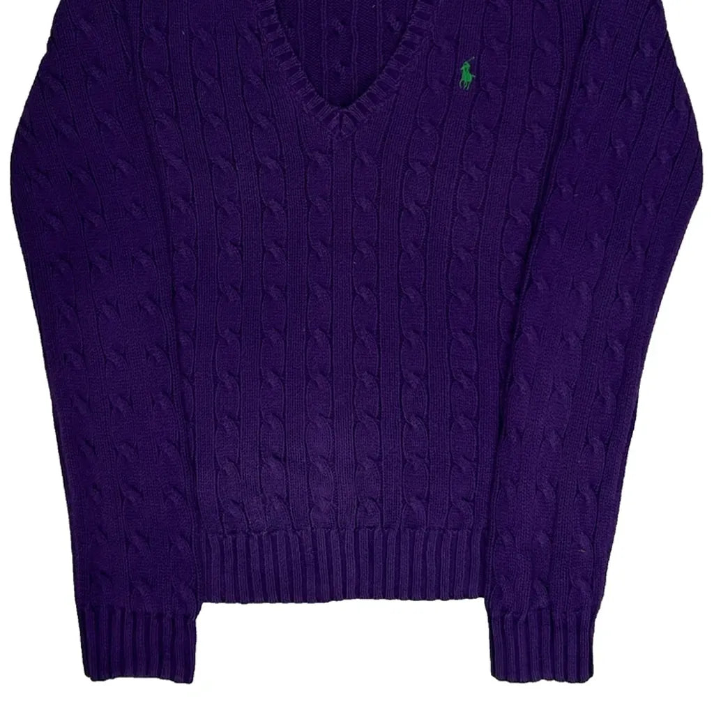 Haut violet à manches longues en tricot torsadé et col en V en coton de taille M