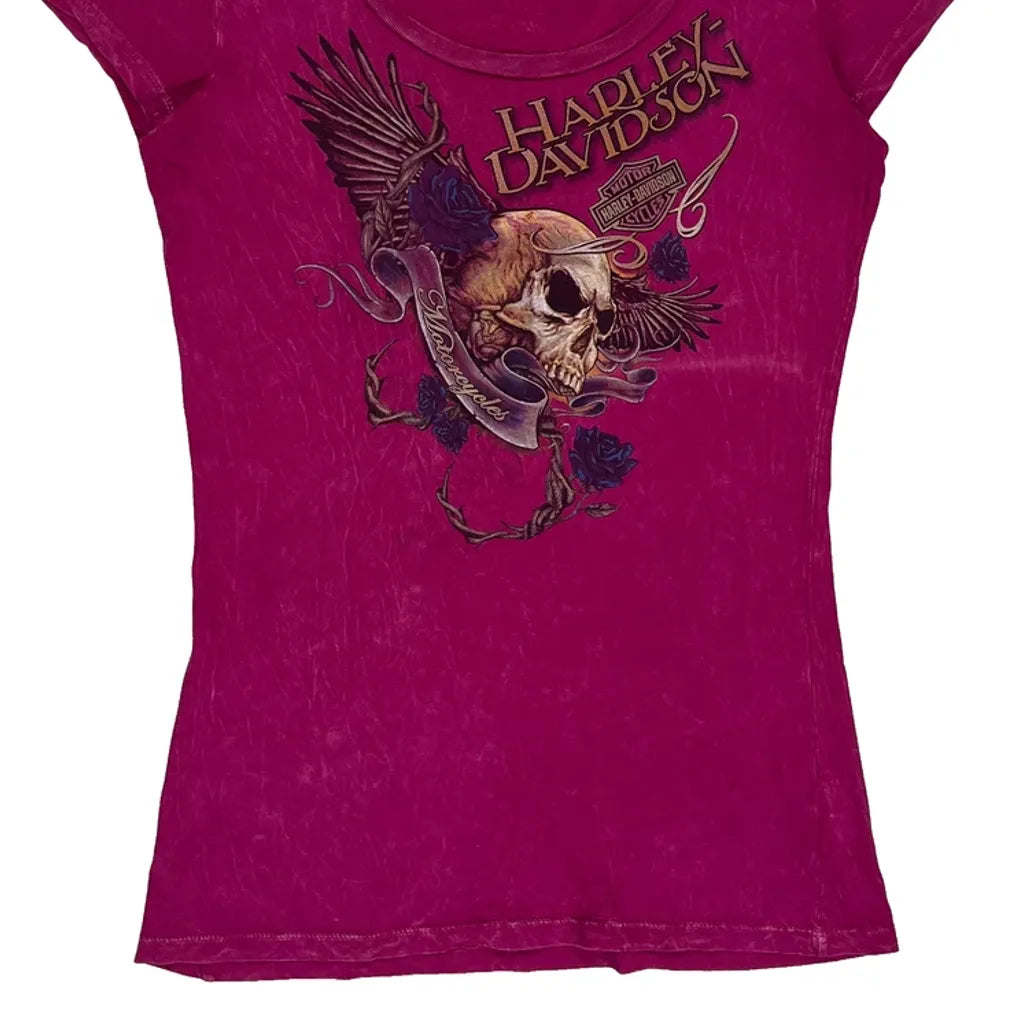 T-shirt graphique Harley Davidson Crâne avec Ailes et Roses - Coton rose moyen