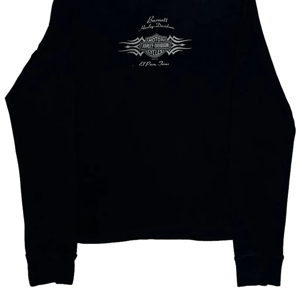 T-shirt col V à manches longues et motif noir en coton coupe droite pour femme