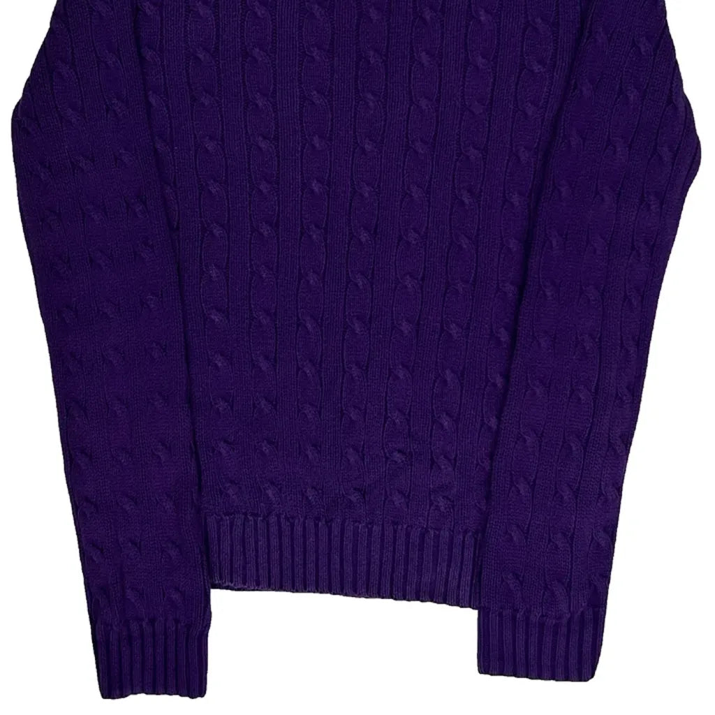Haut violet à manches longues en tricot torsadé et col en V en coton de taille M