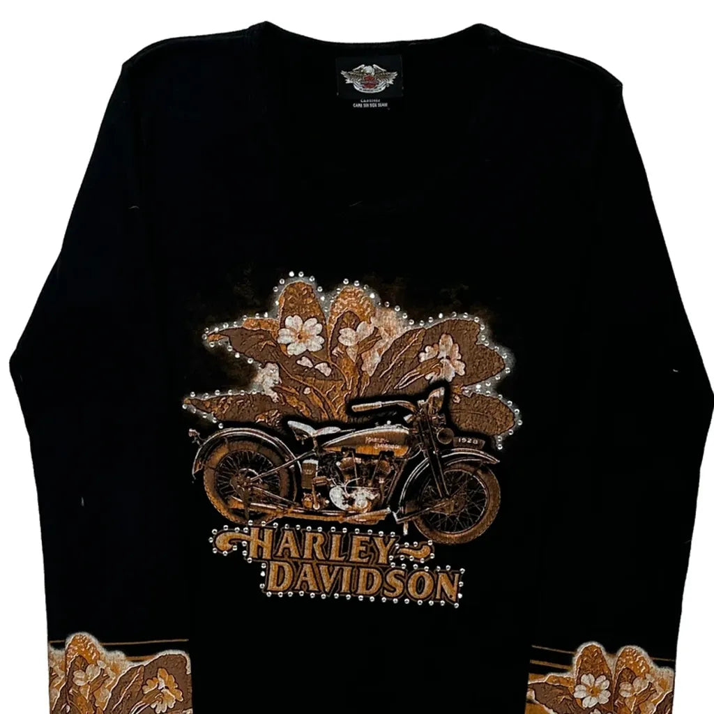 T-shirt manches longues à motif moto pour femme, coton floral noir, taille S