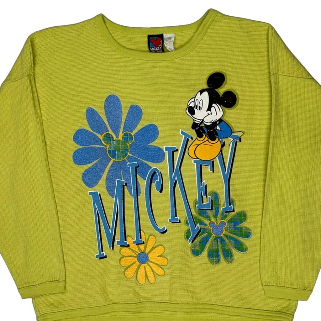 T-shirt à manches longues motif Mickey Mouse floral, taille L, coton jaune