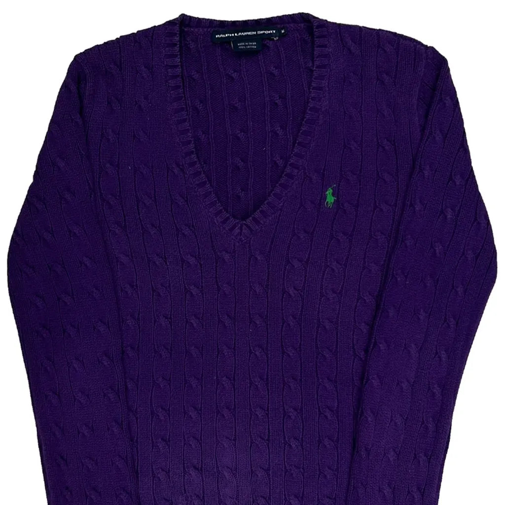 Haut violet à manches longues en tricot torsadé et col en V en coton de taille M