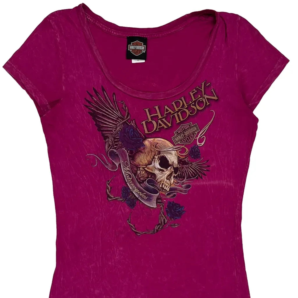 T-shirt graphique Harley Davidson Crâne avec Ailes et Roses - Coton rose moyen