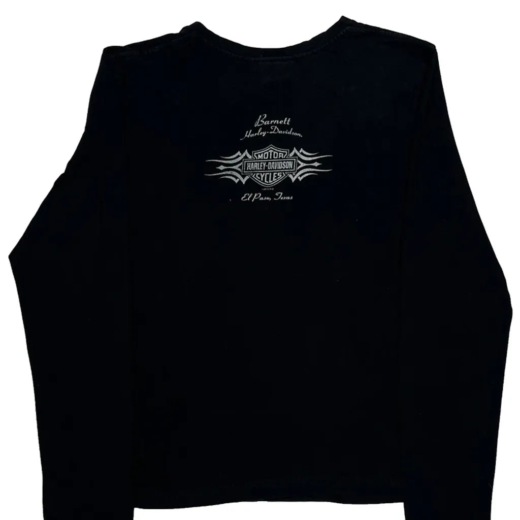 T-shirt col V à manches longues et motif noir en coton coupe droite pour femme