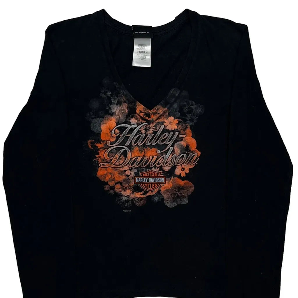 T-shirt col V à manches longues et motif noir en coton coupe droite pour femme